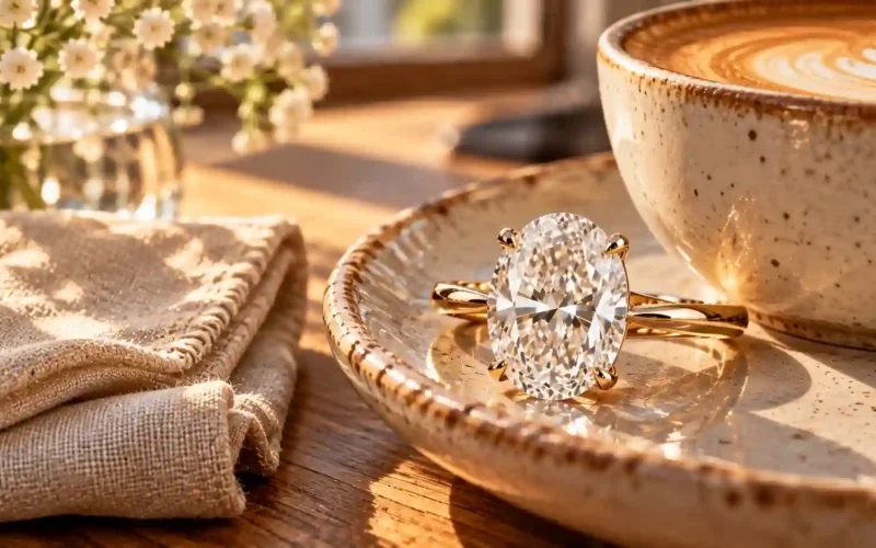 Solitaire engagement rings Brisbane design displayed beside artisanal morning coffee and ceramic tableware.
